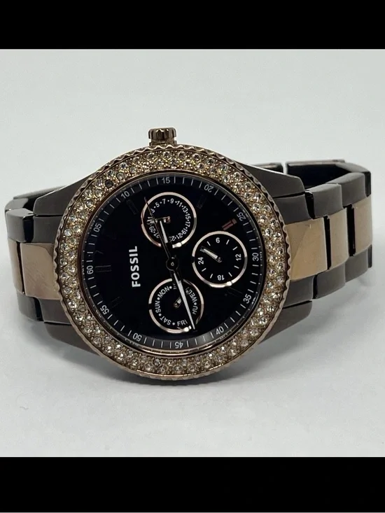 Fossil Womens Watch ES2955 38mm Black Dial Bronze  Gold Brown Crystals Ladies 5”