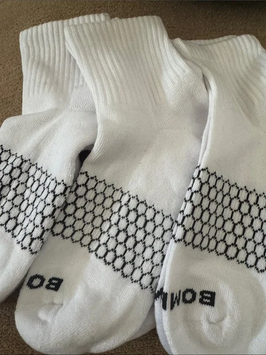 Bombas Unisex White Athletic Crew Socks with Black Honeycomb Pattern