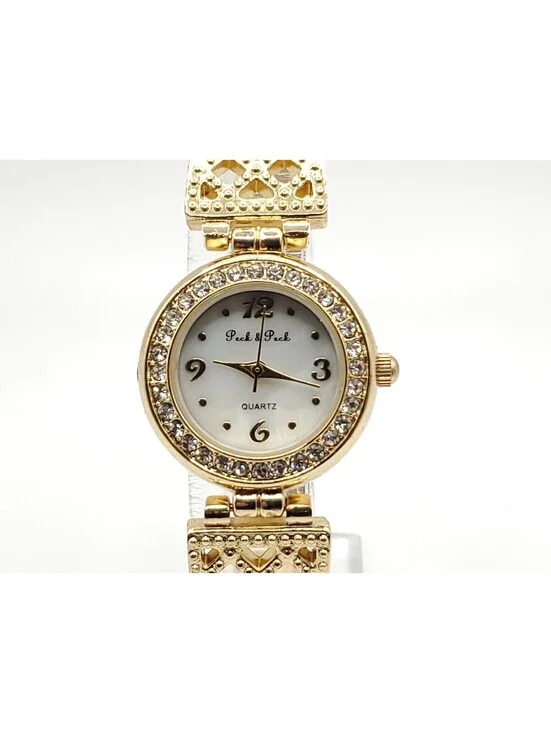 Peck & Peck Quartz Watch Womens New Battery Gold Tone White MOP Round Dial 24mm