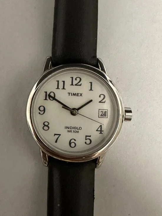 Timex Indiglo Watch Women Silver Tone Black Leather Band New Battery 8.5