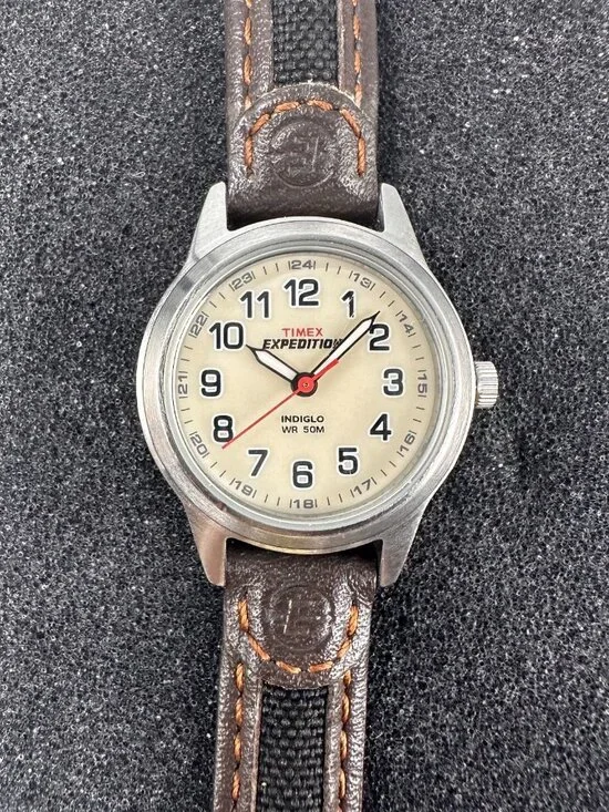 Timex Expedition Field Mini Watch Women Silver Tone Leather Band New Battery