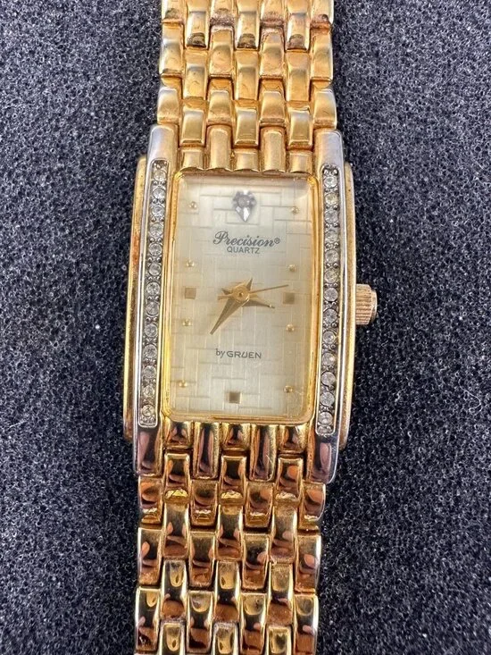 Precision by Gruen Watch Women Gold Tone Rectangle Crystal Bezel New Battery 7