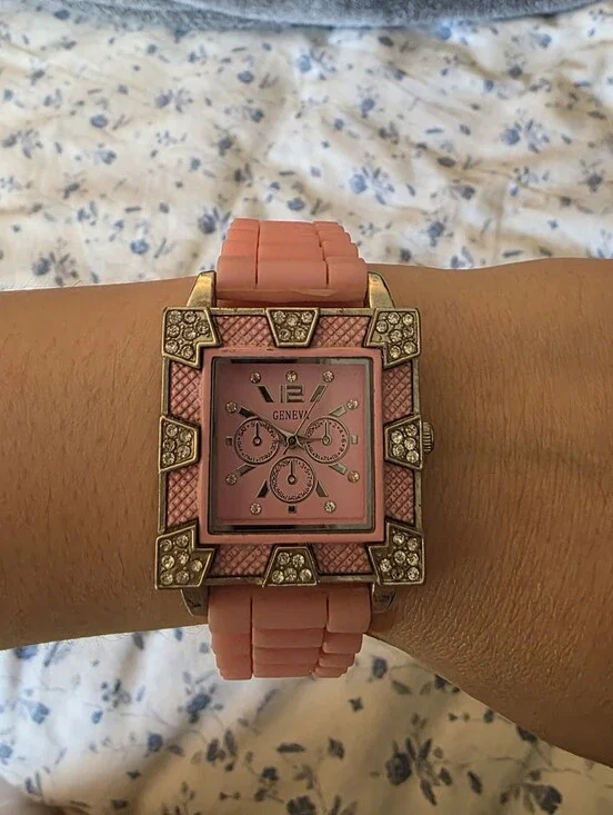 Geneva Ladies Crystal-adorned Bezel Breast Cancer Awareness Watch in pink EUC