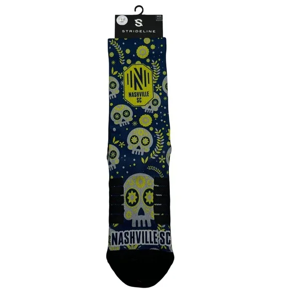 Strideline Nashville SC MLS Sugar‎ Skulls Crew Socks Navy Gold Mens 8-12 NEW