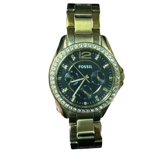 Fossil Riley ES 3384 Gold Bracelet Black‎ Face Swarovski Crystal Dial & Bezel