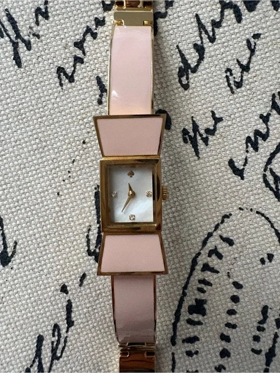 Kate Spade Gold-Tone Pink Enamel Bow Bangle Watch New