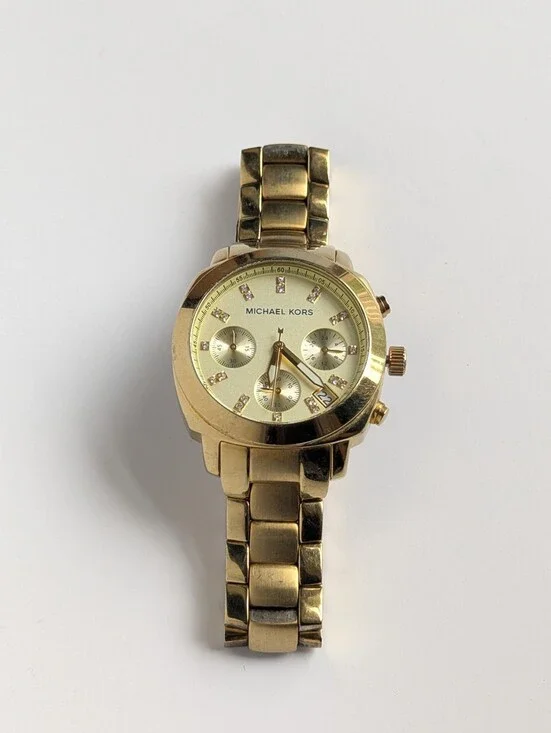Michael Kors Gold Tone Chronograph Watch Crystal Dial Date Working Battery