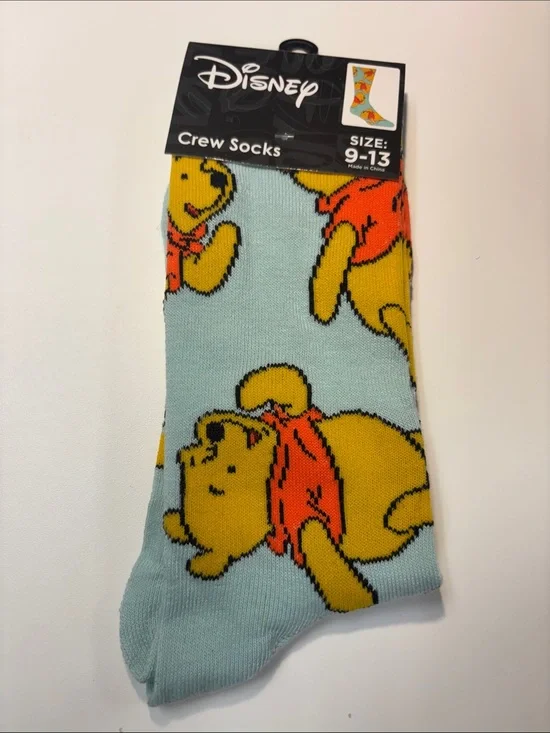 Disney Men's Winnie the Pooh Crew Socks - Light Blue, Yellow & Orange