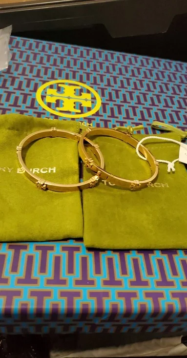 Tory Burch Rose Gold Logo Hinged Bangle Set