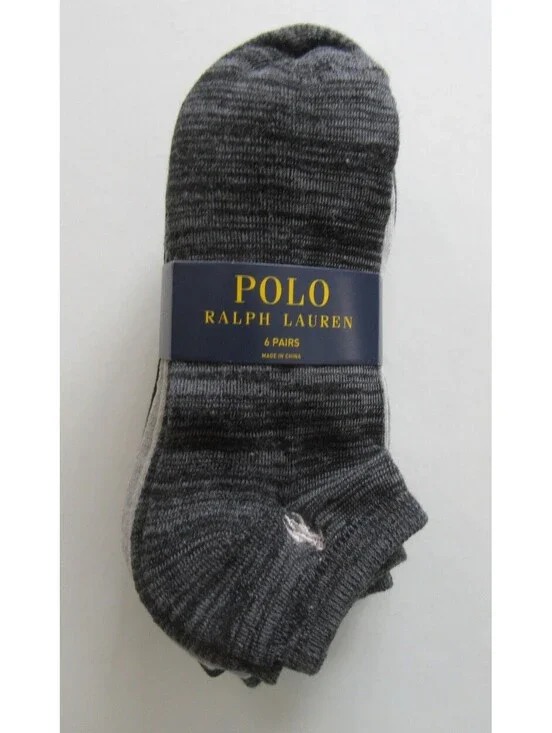 Polo Ralph Lauren Mens Low Cut Socks Black Charcoal and Grey 6 pack