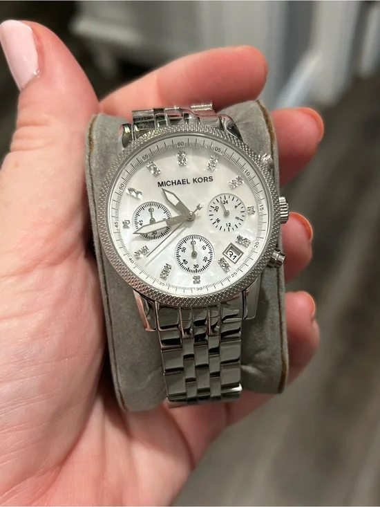 Michael Kors Silver and White Mother-of-Pearl Chronograph Watch