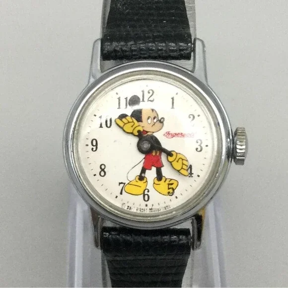 Vintage Ingersoll Kid Watch 24mm Mickey Mouse Pointing Hands Leather Manual Wind