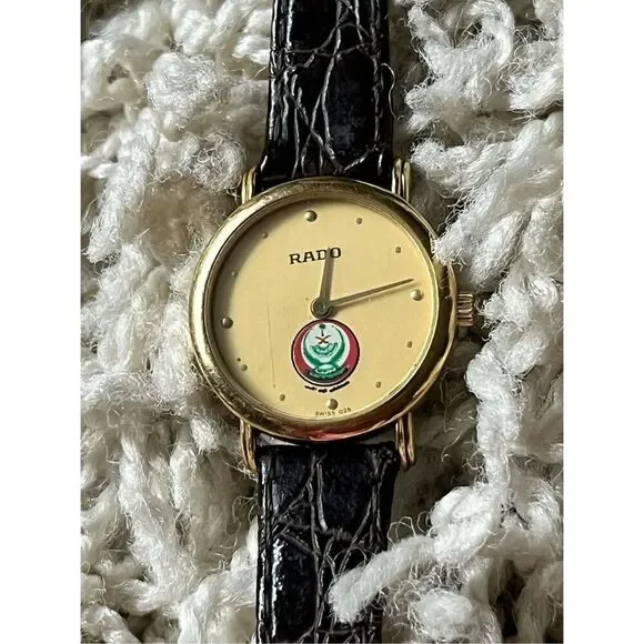 RADO Forces Military Gold Dial Black Leather Band Women's Quartz Watch / 204.359