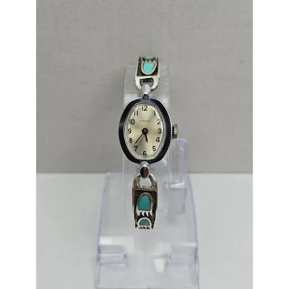 Vintage 1974 Timex Cavatina Hand Wind Sterling Silver Turquoise Bear Paw Watch