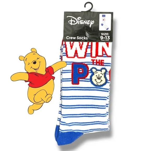 Winnie Pooh Crew Socks Disney Novelty Stripe Blue White Adult Unisex Mens 9-13