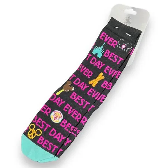 Disney Parks Socks Adult Black Best Day‎ Ever Castle Churro Pretzel Cotton Ears