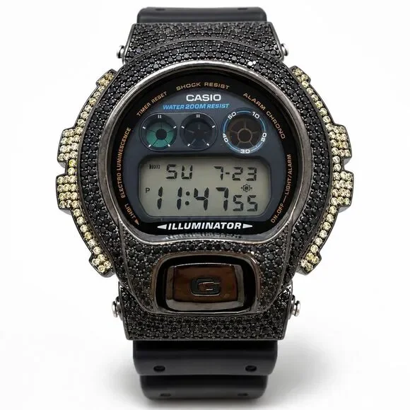 Casio G-Shock DW-6900 Black PVD & Black & Yellow CZ Iced Bezel Watch