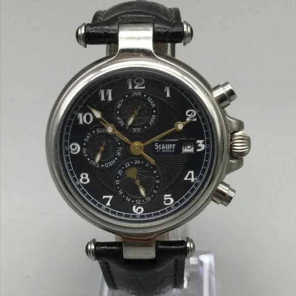 Stauer 27 Jewels Mens Watch 37mm Noire Moon Phase Day Date Month Automatic