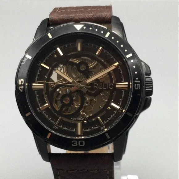 Relic ZR12663 Mens Watch 44mm Gold Skeleton Dial Brown Leather Automatic WR 30M