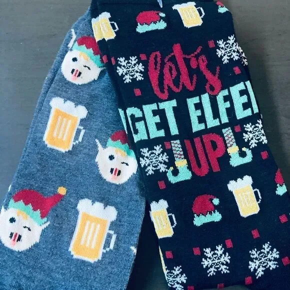 NWT 2-pk Let’s Get Elfed Up Elf Beer Holiday Christmas Fun Socks