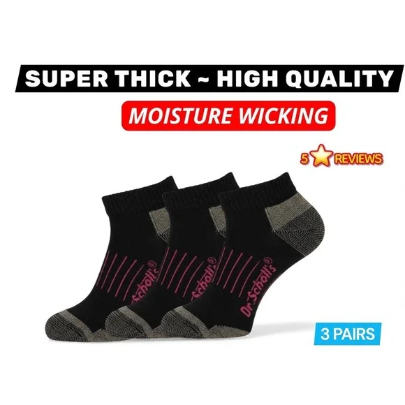 Dr. Scholls Athletic Padded Socks 10-13 Black Anti-Blister Fitness 3 Pack