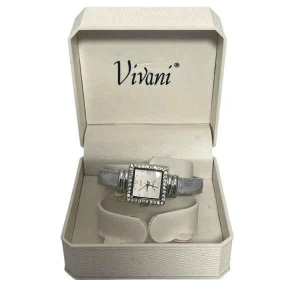 Vivani Women's Silver-Tone Rhinestone‎ Square Dial Quartz Bangle Cuff Watch New
