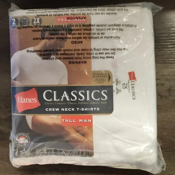Vintage‎ Hanes 2 PK Classics Crew Neck Shirts Mens 2X (50-52) Cotton Tagless NEW