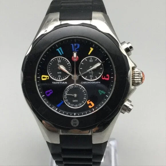Michele Tahitian Jelly Bean Chronograph Womens Watch 37mm Black Dial New Battery