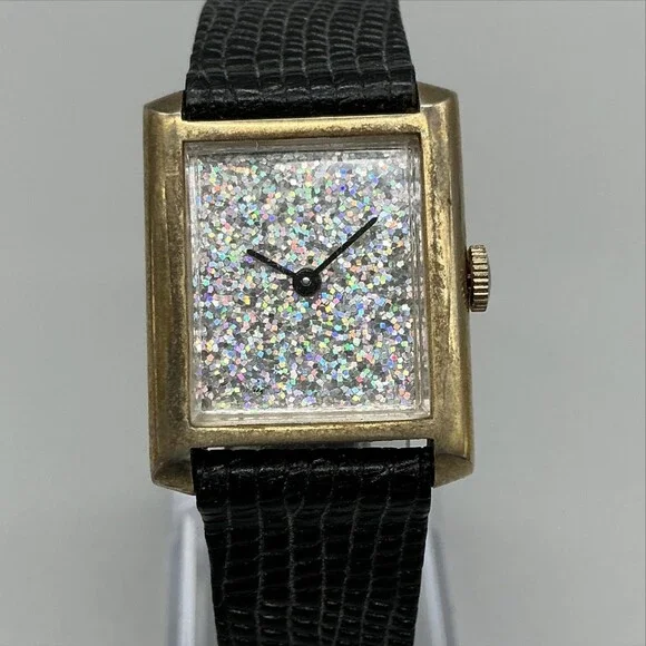Vintage Womens Watch 24mm Multicolor Glitter Dial Gold Tone Tank Manual Wind