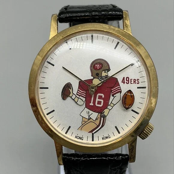 Vintage San Francisco 49ers Mens Watch 35mm White Dial Gold Manual Wind Leather