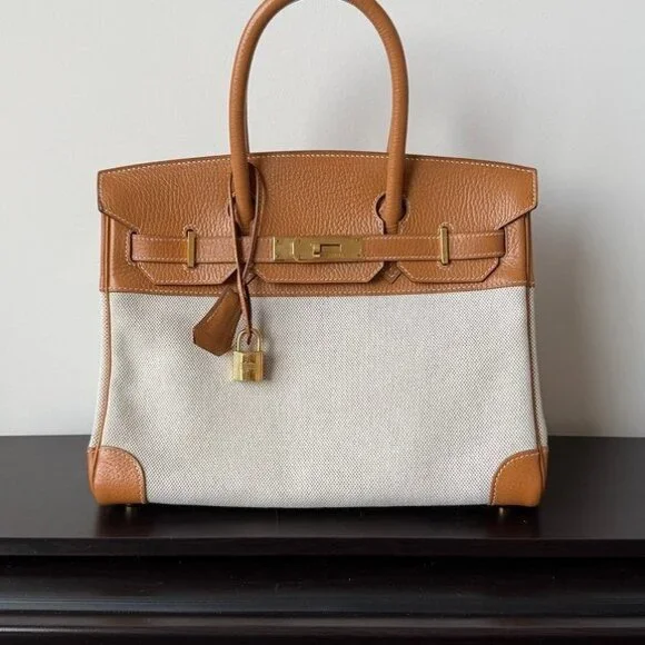 HERMES Toile/Gold Toile Canvas Ardennes Leather Birkin 30 GHW