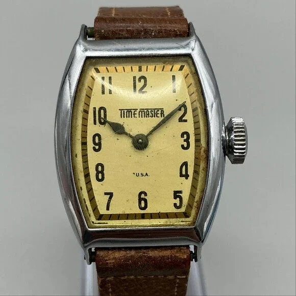 Vintage Time Master Mens Watch 27mm Cream Dial Tonneau Brown Leather Manual USA