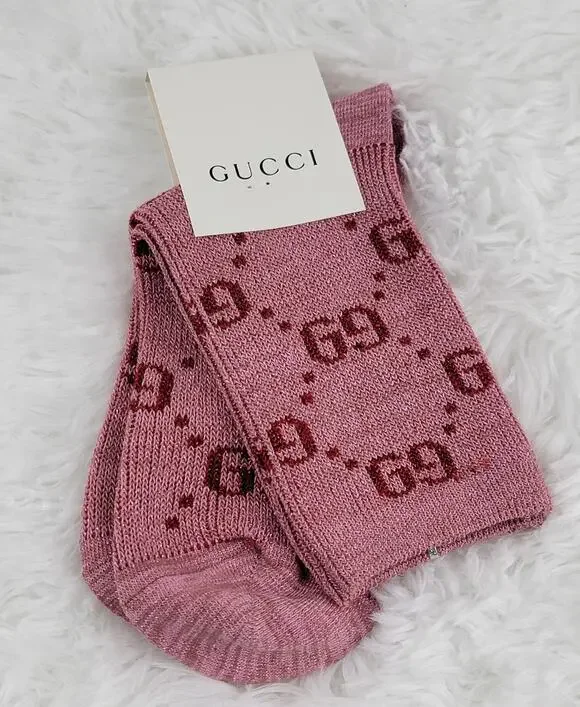 Gucci Crew Socks Unisex GG Logo Metallic 100% Authentic Pink Red Luxury New