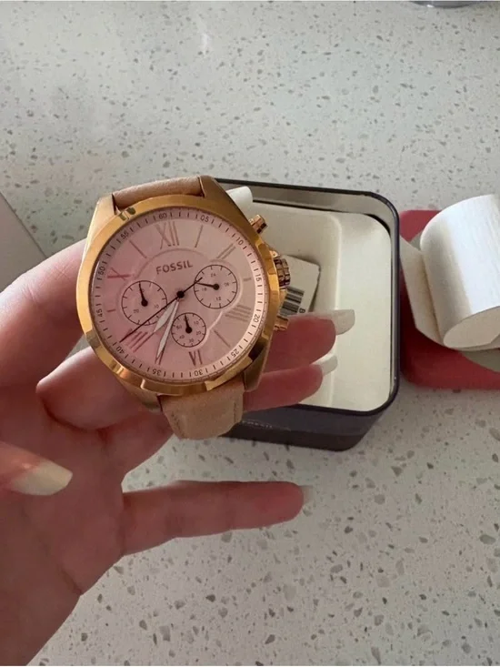 Fossil Rose Gold Case Pink Dial Ladies Chronograph Watch with Beige Strap