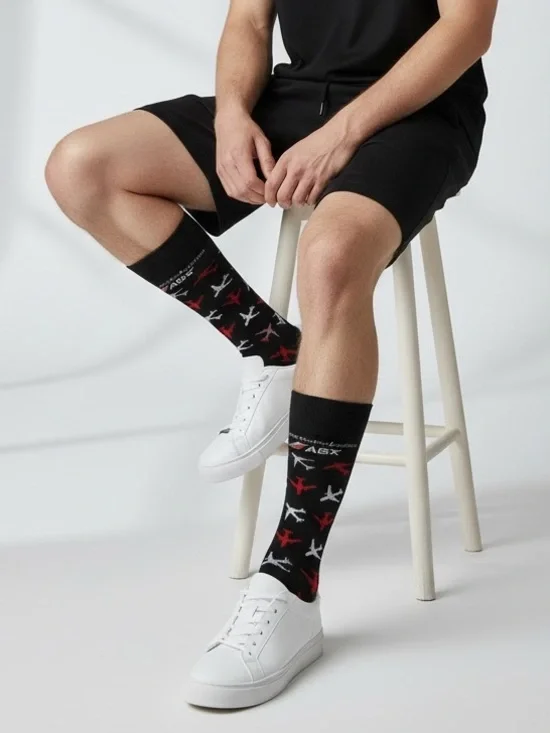 Men's Black Crew Socks with Red & White Airplane Pattern NWT