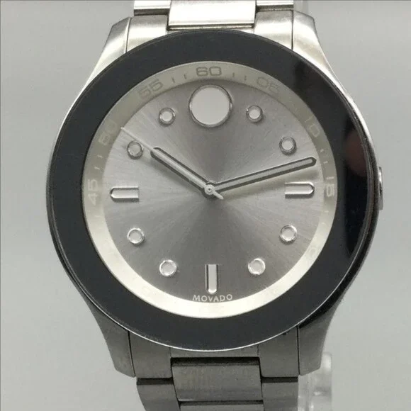 Movado Bold Womens Watch 36mm Silver Tone Black Bezel New Battery 7.25