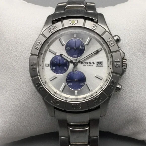 Fossil CH-2335 Mens Watch 40mm Silver Tone Chronograph Date New Battery 7.75