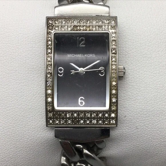 Michael Kors Womens Watch 20mm Black Dial Silver Tone Crystals New Battery 6.75