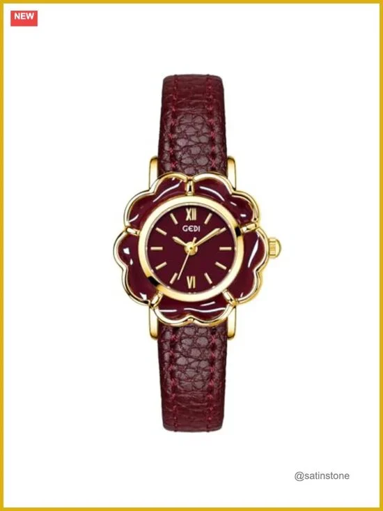 Floral-Shaped Creative Gold Quartz Watch Lightweight Leather Band Elegant Dress