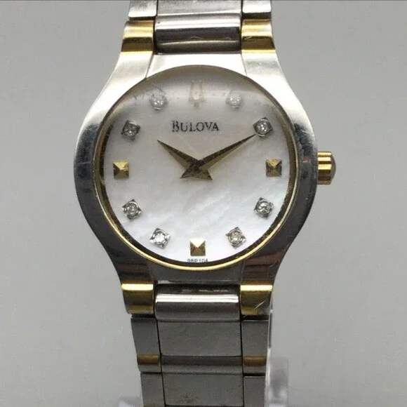 Bulova Womens Watch 25mm MOP Dial Two Tone Stainless Diamond New Battery 7.25