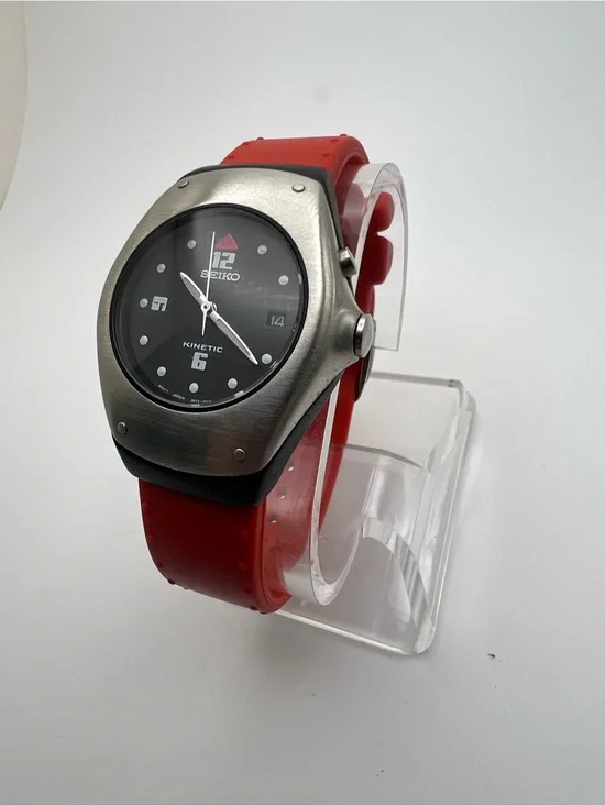 Seiko Black Dial Watch with Red Strap