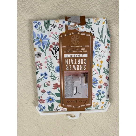 Free Earth Cotton Fabric Shower Curtain Wildflower Floral Print White 72x72 New
