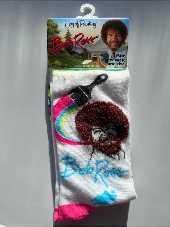 Bob Ross The Joy of Painting Crew Socks - Paintbrush Design - White, Pink, Blue