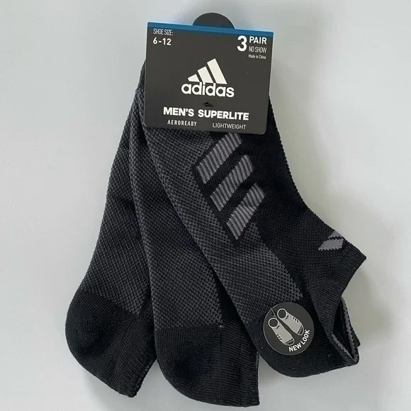 Adidas men’s no show socks 3 pack black gray size 6-12