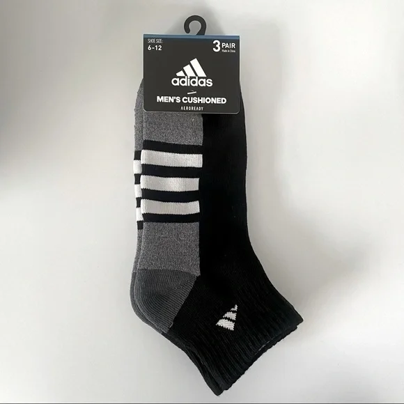 Adidas men’s quarter socks 3 pairs size 6-12 black white gray