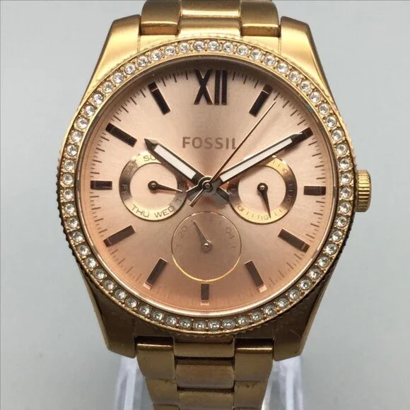 Fossil Womens Watch 38mm Rose Gold Tone Crystals Day Date New Battery 6.75