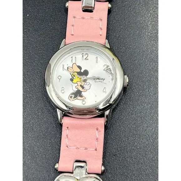 Disney Time Works Girls MINNIE MOUSE Watch Pink‎ Band Leather Hearts New Battery