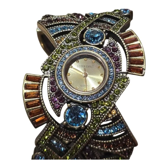Heidi Daus Art Deco Swarovski Crystal Golden Bronze Cuff Bracelet Watch