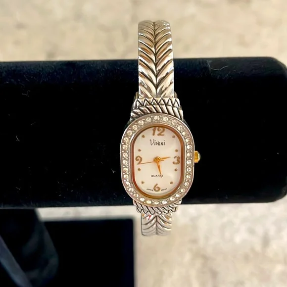 Vintage Bracelet Watch Silver Tone w/Gold Accent and White Crystal