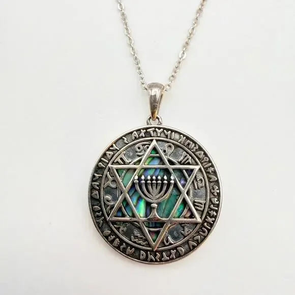 Vtg 925 Sterling Silver Solomon Hexagram Star of David Abalone Pendant Necklace